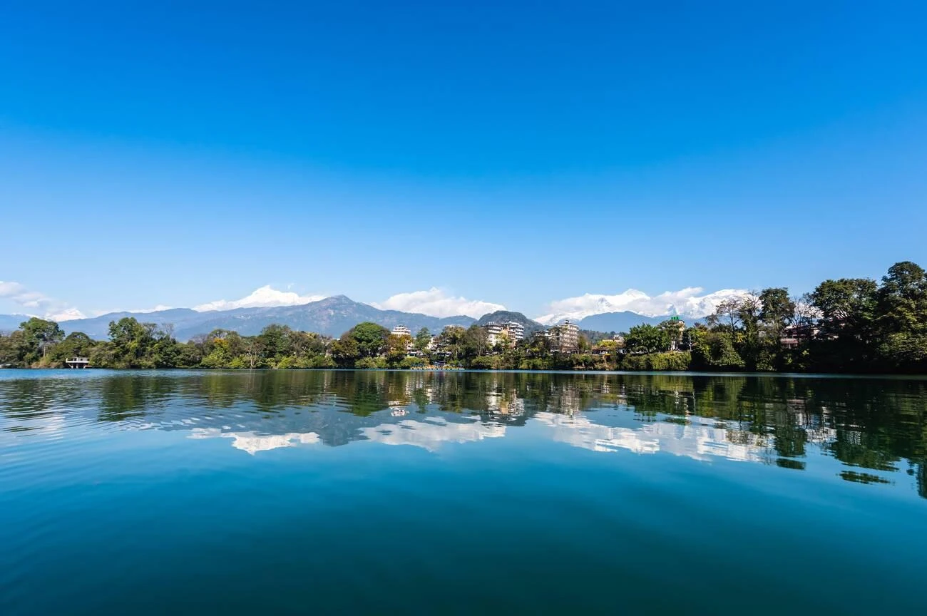 View at Annapurna mountain range in Phewa lake in Pokhara, Nepal